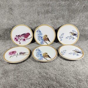 Transpac Bird Appetizer Plates White Gold Floral Nature Set of 6 Small Dishes